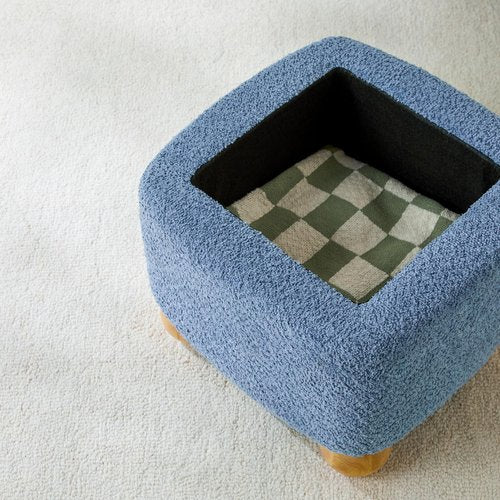 Walker Edison Linley Contemporary Small Storage Bouclé Ottoman with Wood Legs, Soft Blue