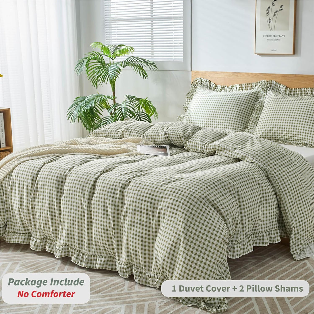Regine Switzerland Gingham Duvet Cover Set - Soft Microfiber Queen Size with Zipper Closure & 2 Pillow Shams | Sage Green Farmhouse Decor