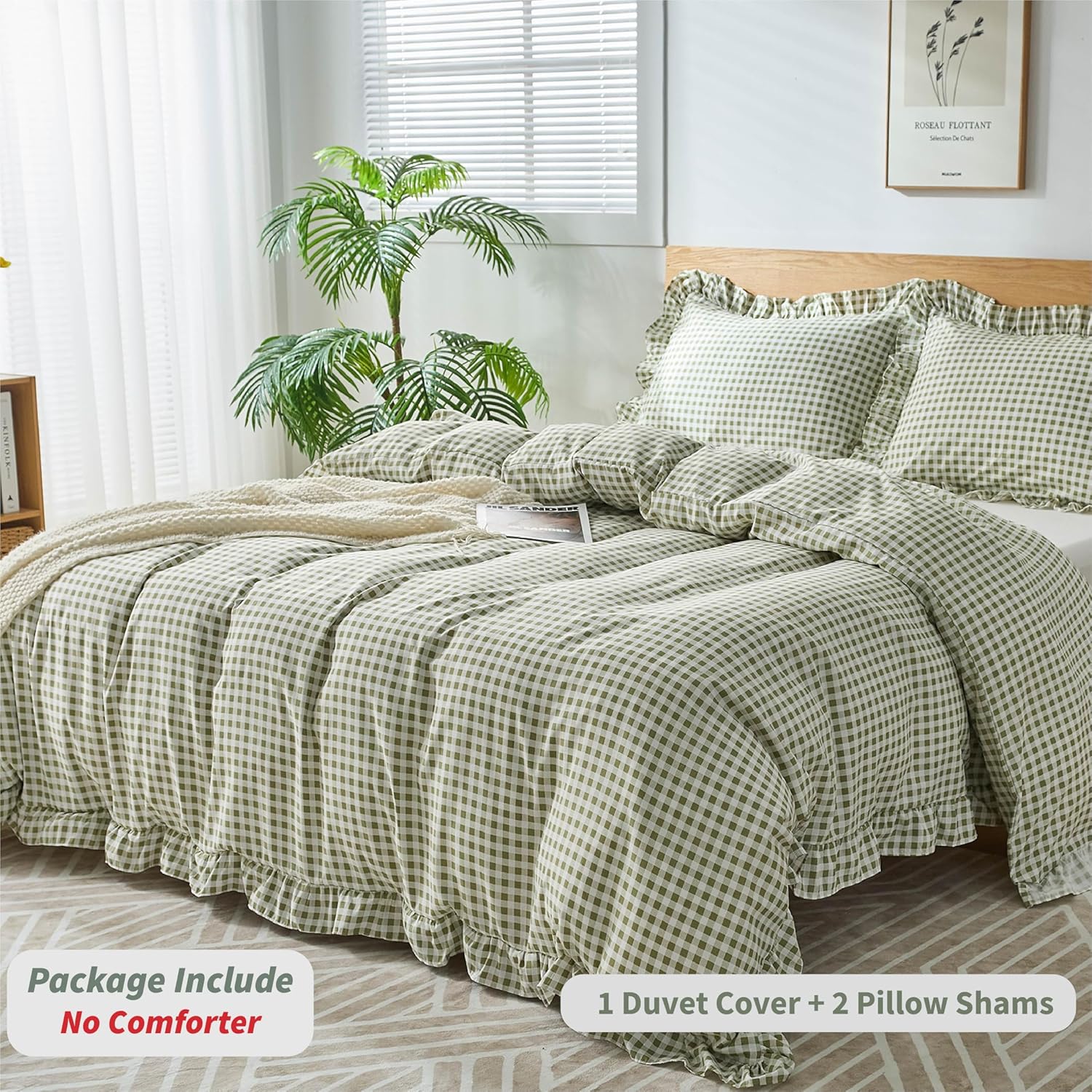 Regine Switzerland Gingham Duvet Cover Set - Soft Microfiber Queen Size with Zipper Closure & 2 Pillow Shams | Sage Green Farmhouse Decor