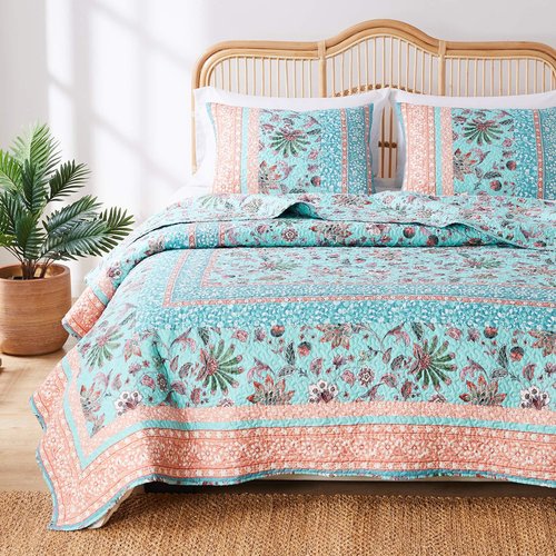 Greenland Home Barefoot Bungalow Audrey Reversible Quilt Set, 3-Piece Full/Queen, Turquoise