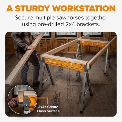BORA Workhorse Saw Horses - Heavy Duty Folding Metal Sawhorses with 2x4 Bracket & Built-In Bottle Opener | 2-Pack