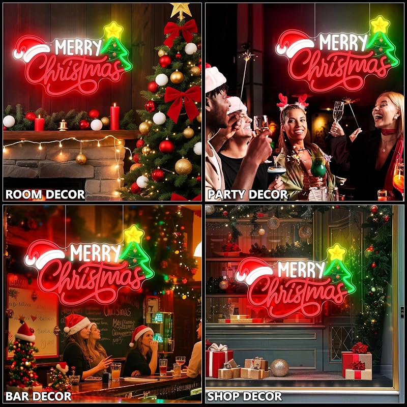 Merry Christmas Neon Sign - Wall Decor with Santa Hat (Xmas Variation)