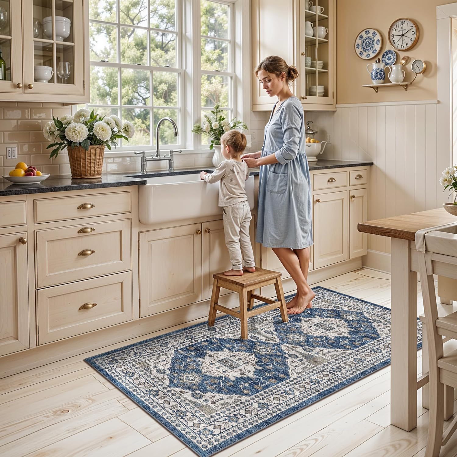 Skiennix Non-Slip Entryway Area Rug - Washable Stain Resistant Kitchen Carpet | Vintage 2x4 Blue Mat
