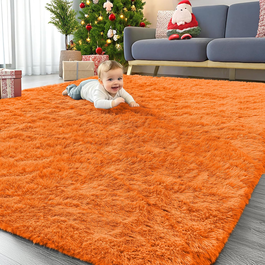 OLANLY Large 8x10 Machine Washable Area Rug - Soft Fluffy Shaggy Carpet for Living Room & Bedroom | Orange