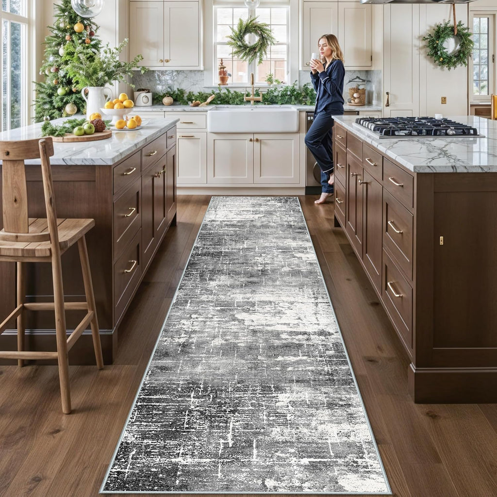 Skiennix Washable 12ft Kitchen Area Rug - Soft Non-Slip Abstract Runner for Living Room | Black/Grey (2'6"x12')