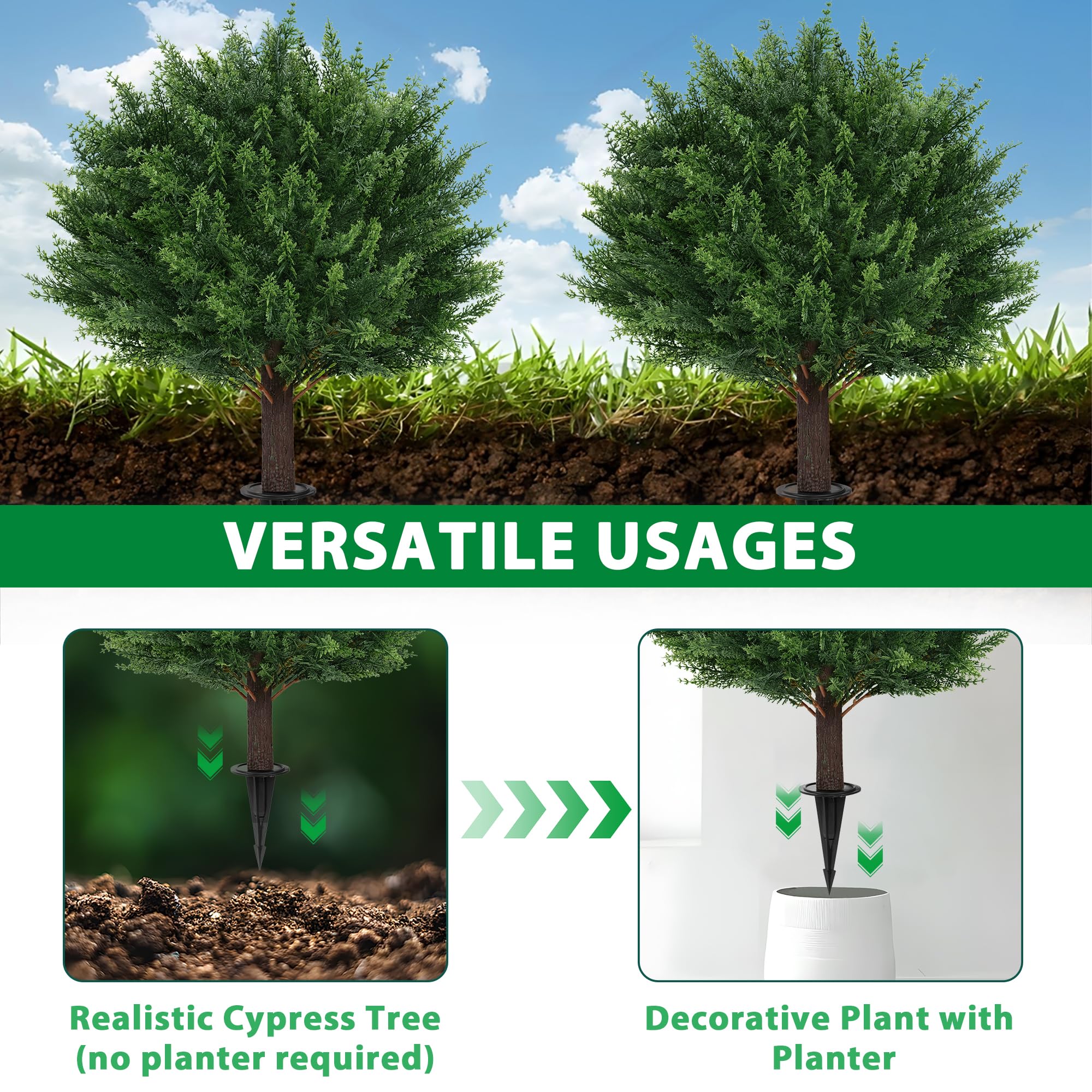 Grooy Artificial Cypress Topiary Tree with Ground Spike, Set of 2 Artificial Shrub Bushes, Fake Evergreen Tree for Porch, Artificial Plants for Outdoor Planters Indoor UV Resistant
