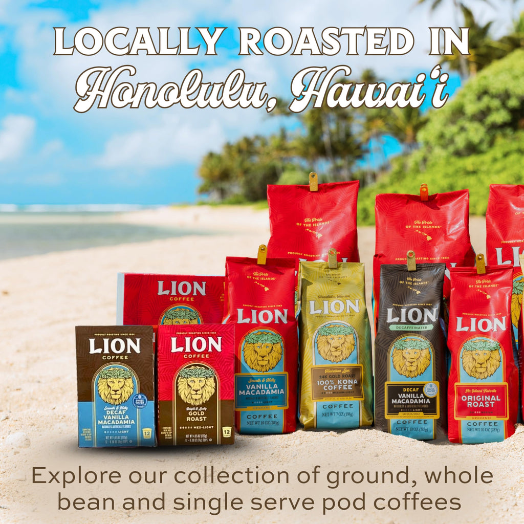 Lion Coffee Premium Gold Roast, 10% Kona Coffee Blend, Medium-Light Roast, A Taste of Aloha - Ground, 24 Ounce Bag