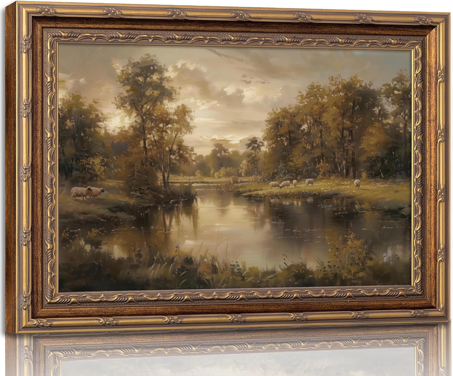 Vintage Gold Framed Landscape Wall Art - River Painting Canvas Print for Living Room & Bedroom Decor