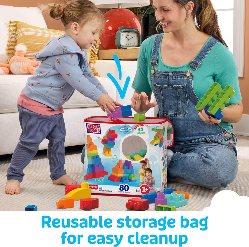 MEGA BLOKS First Builders Toddler Blocks Set - 80-Piece Building Bag with Storage | Blue, Ages 1+
