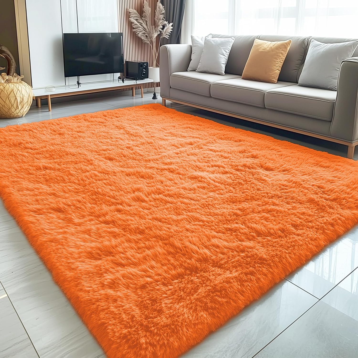 OLANLY Large 5x7 Machine Washable Area Rug - Soft Fluffy Shaggy Carpet for Living Room & Bedroom | Orange