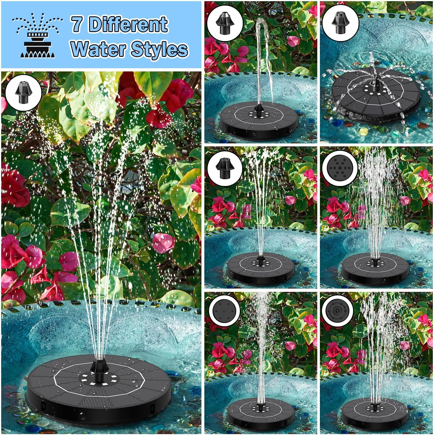 SZMP Solar Water Fountain - 3.5W Bird Bath Pump with Color LED Lights & 7 Nozzles | Outdoor Garden Feature