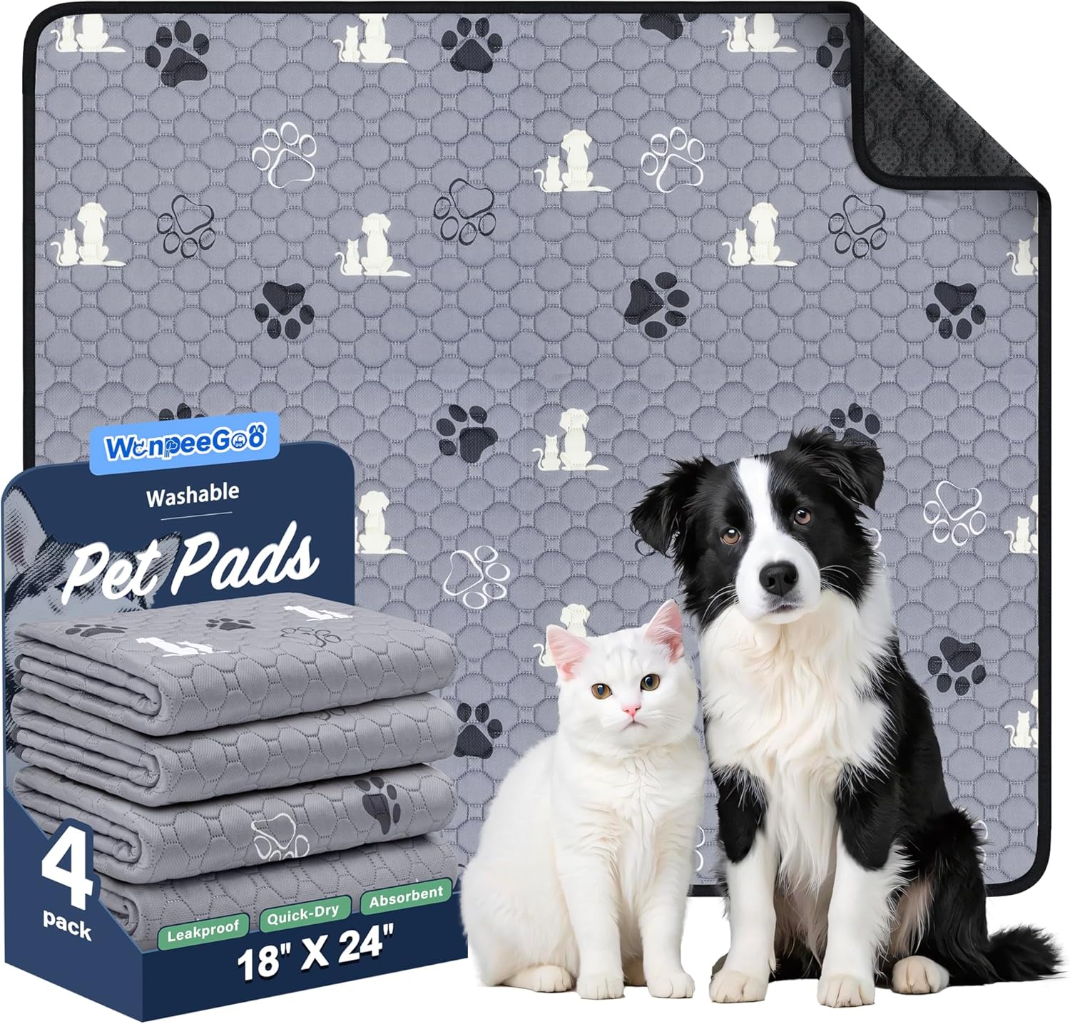 WanpeeGoo Washable Dog Pee Pads - Absorbent Reusable Training Pads, Non-Slip Design, Grey 18"x24" - 4 Pack
