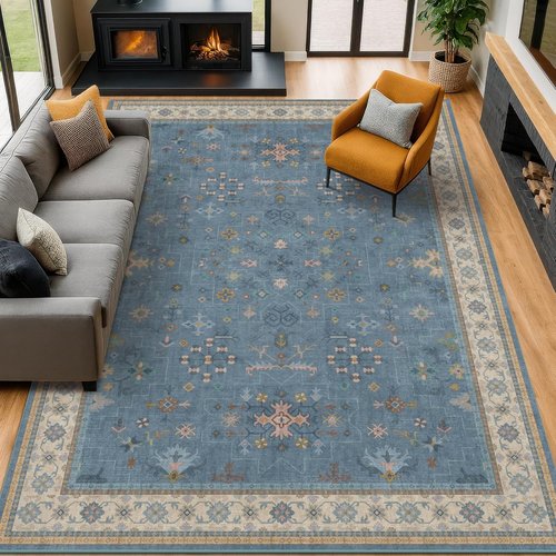 Hazo Haus Boho Area Rug - Soft Dark Blue 9x12 Washable Non-Slip Design for Living Room & Bedroom Decor
