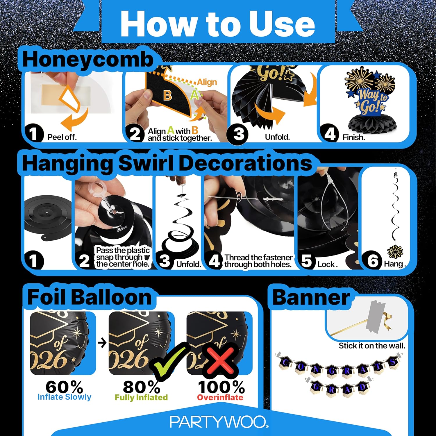 PartyWoo Graduation Decorations - Class of 2026 Black, Gold & Blue 19-Piece Set with Congrats Banner & Balloons