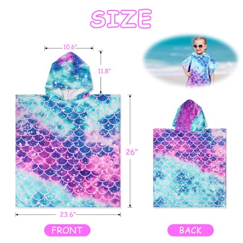 Catalonia Kids Mermaid Hooded Poncho Towel for Toddler Aged 2-6, 100% Cotton, Absorbent Girls Bath Towel, Swim Changing Robe, Sand Proof