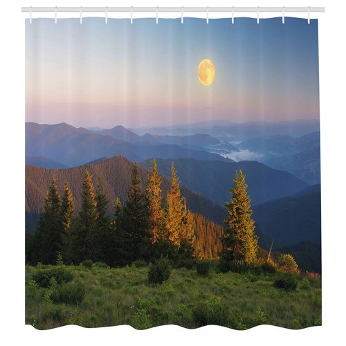 Ambesonne Nature Shower Curtain, Mountain Moon on Sky Pine Tree Hills Rural Heaven Country Picture, Cloth Fabric Bathroom Decor Set with Hooks, 69" W x 70" L, Slate Blue Fern Green