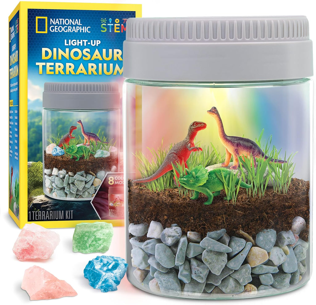 National Geographic Dinosaur Terrarium Kit - Light-Up Dino Habitat with Real Plants | Science Kit for Kids