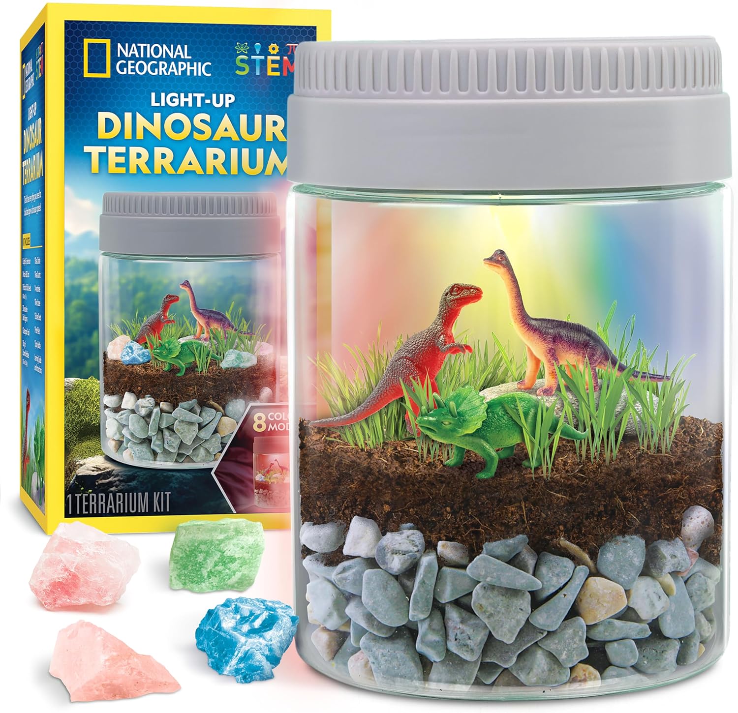 National Geographic Dinosaur Terrarium Kit - Light-Up Dino Habitat with Real Plants | Science Kit for Kids
