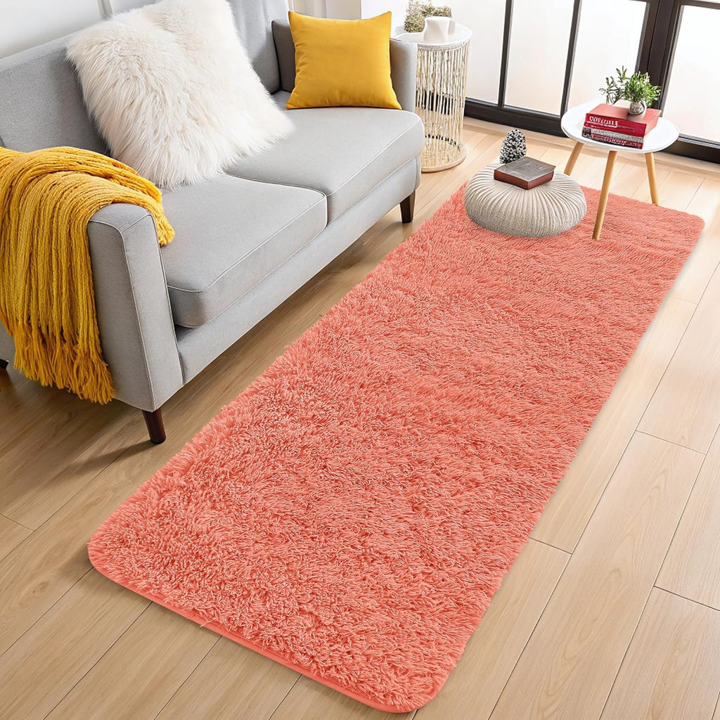 OLANLY Runner Rugs - Machine Washable Soft Fluffy Shaggy Design | Coral Red, Perfect for Hallways & Bedrooms