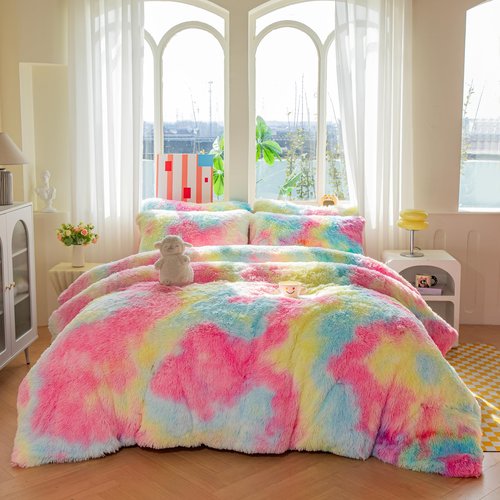 Roscloud Faux Fur Kids Girls Rainbow Comforter Sets Queen - 3PC Bed Set Warm Comfortable Soft Plush Flannel Velvet Fluffy Fuzzy Bedding（Comforter x 1 Pillowcases x 2）
