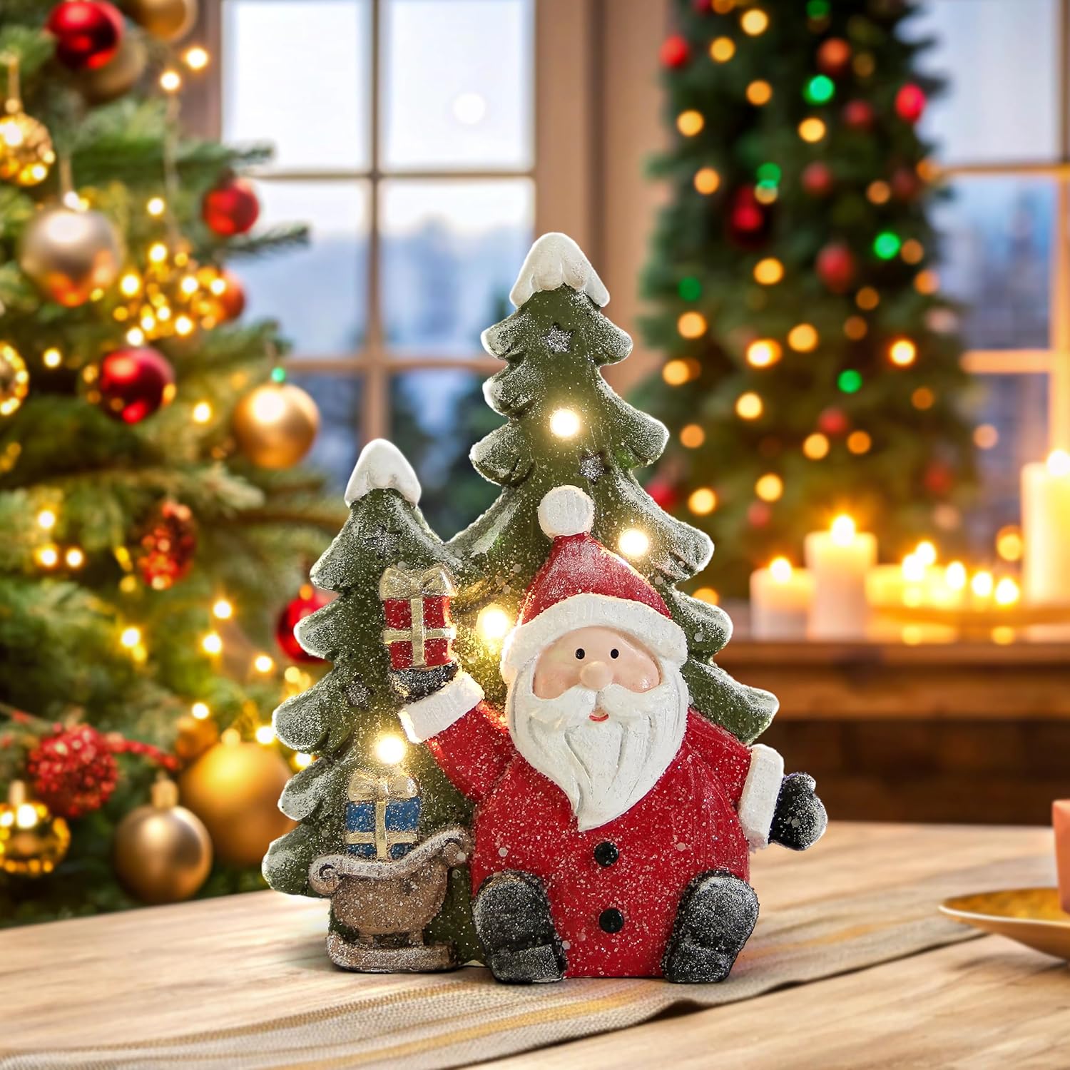 Santa Claus Statues - Christmas Decorations for Indoor Holiday Decor | Light-Up Tree Figurines for Table & Mantle