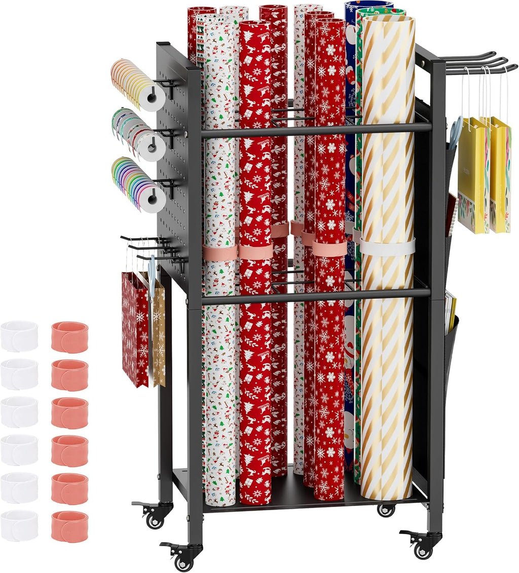 Skiennix Wrapping Paper Storage Organizer - Rolling Gift Wrap Station with Ribbon & Bag Storage | Black