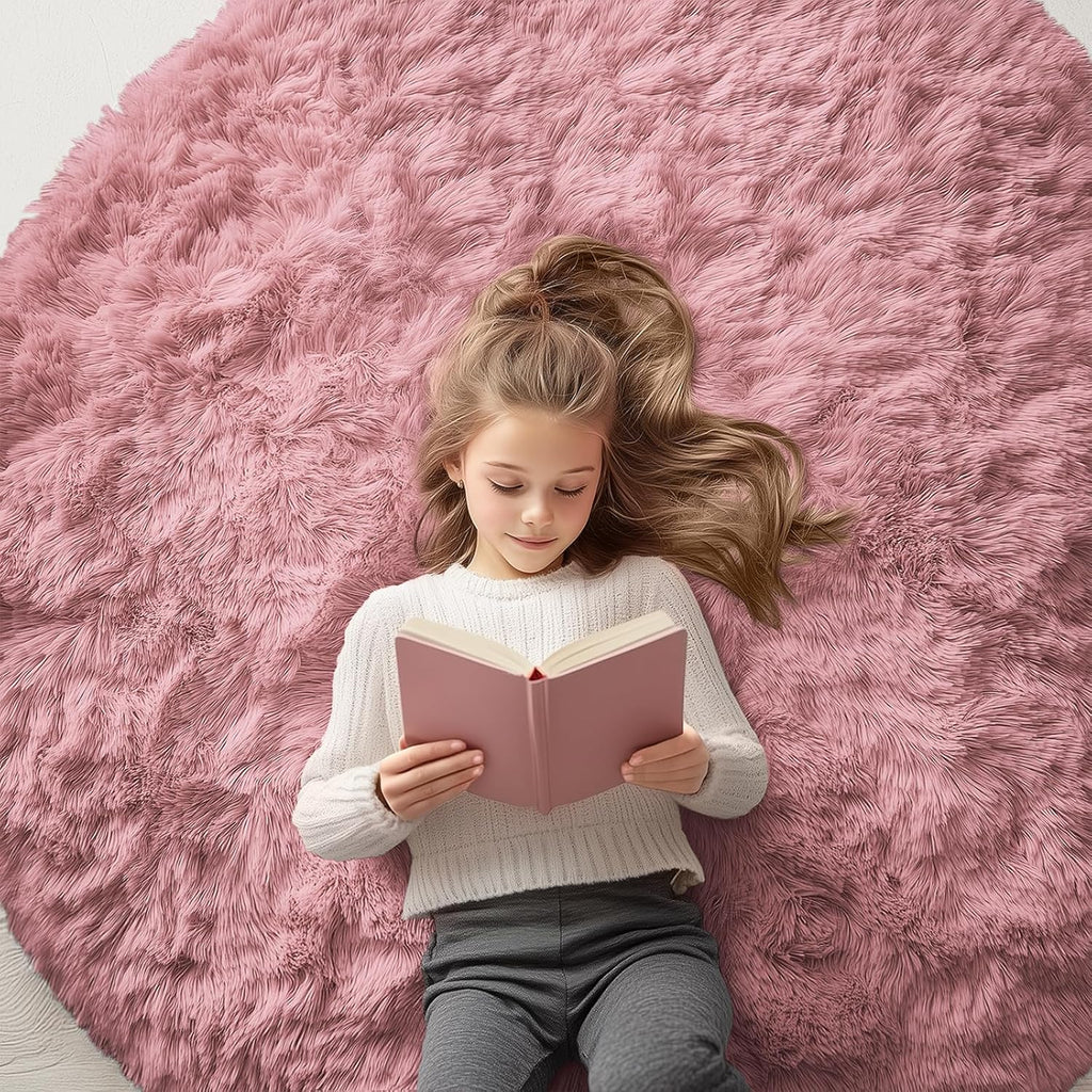 OLANLY Round Area Rug - Soft & Fluffy Pale Pink Shaggy Carpet | 5 ft Circle for Bedroom & Living Room Decor