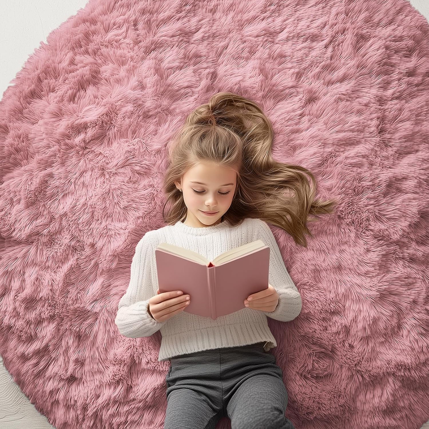 OLANLY Round Area Rug - Soft & Fluffy Pale Pink Shaggy Carpet | 5 ft Circle for Bedroom & Living Room Decor