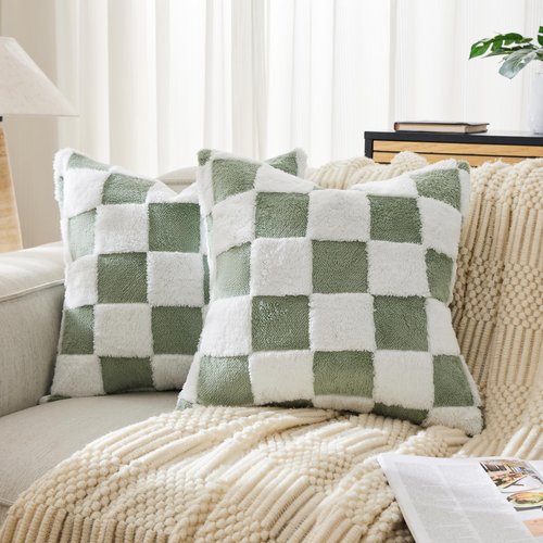 Ohocut Checkered Jacquard Shag Throw Pillow Covers, Pack of 2 Fluffy Sage Green Cute Decorative Aesthetic Soft Checerked Throw Pillow Cases for Couch Sofa Bedroom,18x18 Inch