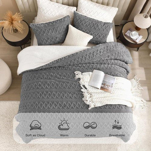 Andency Fluffy Sherpa Queen Comforter Set - Super Soft Gray Fleece Bedding | Luxury 3-Piece Boho Design