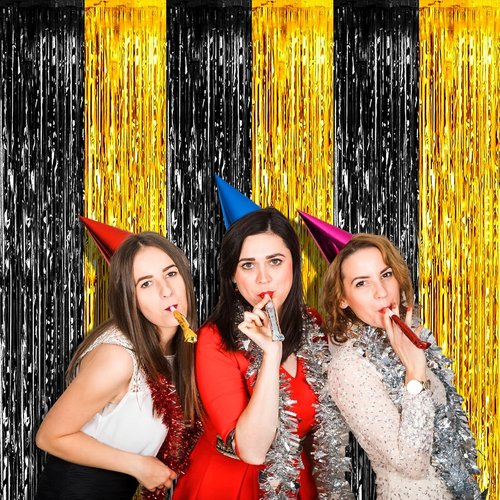 Black Gold Foil Fringe Curtain Backdrop by [Brand Name] - 4 Pack, 3.2Ft x 8.2Ft for Photo Booths & Parties