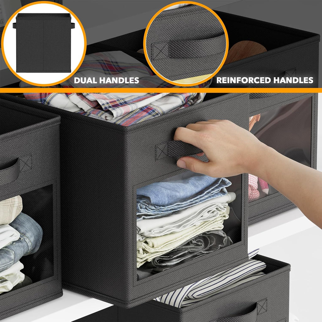 SpaceAid Storage Cubes - Set of 6 Foldable Fabric Bins with Clear Windows | 11 Inch Black Storage Boxes