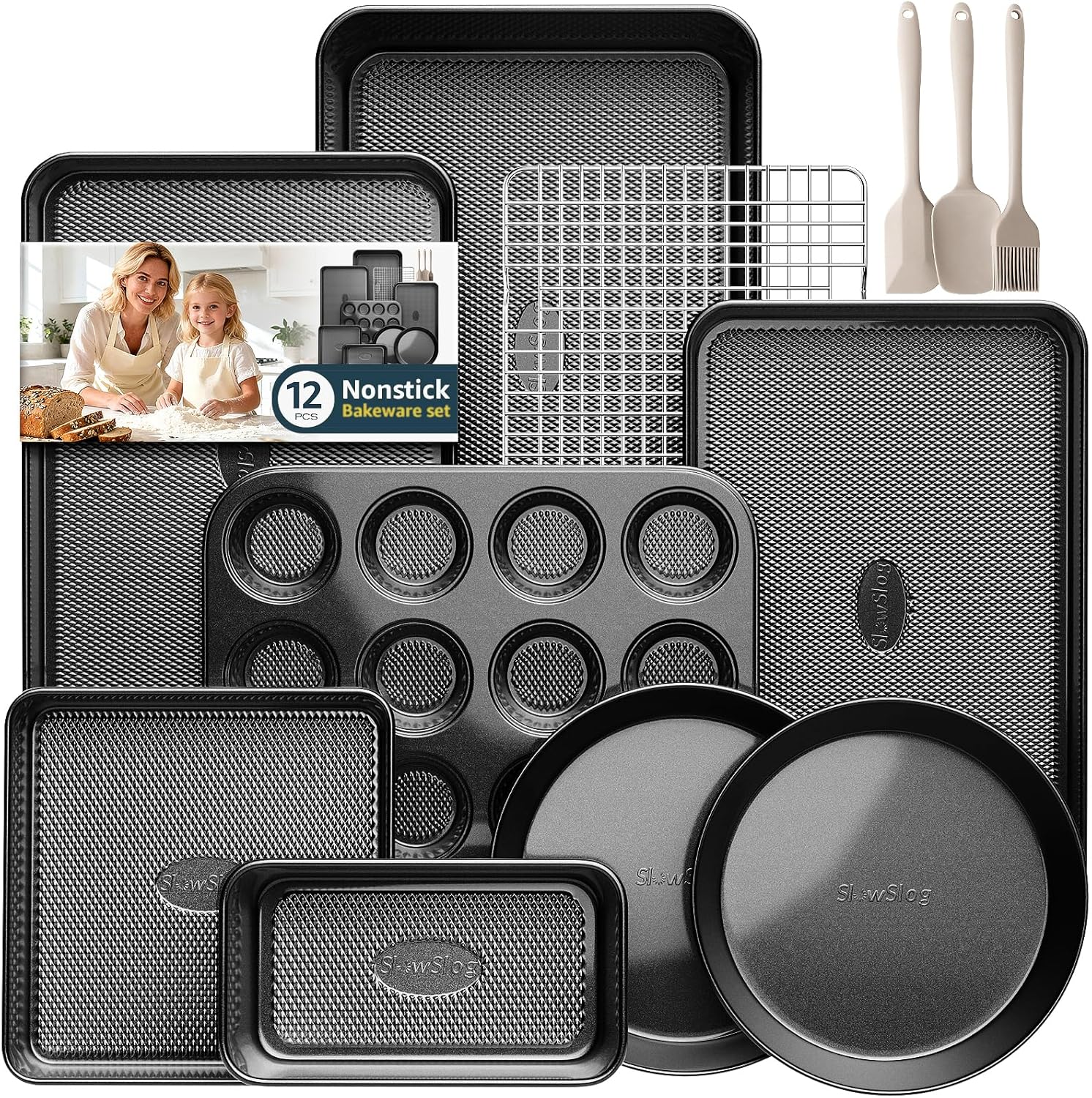 Skiennix 12-Piece Nonstick Bakeware Set - Stackable, Non-Toxic Baking Pans with Utensils & Rack | Black