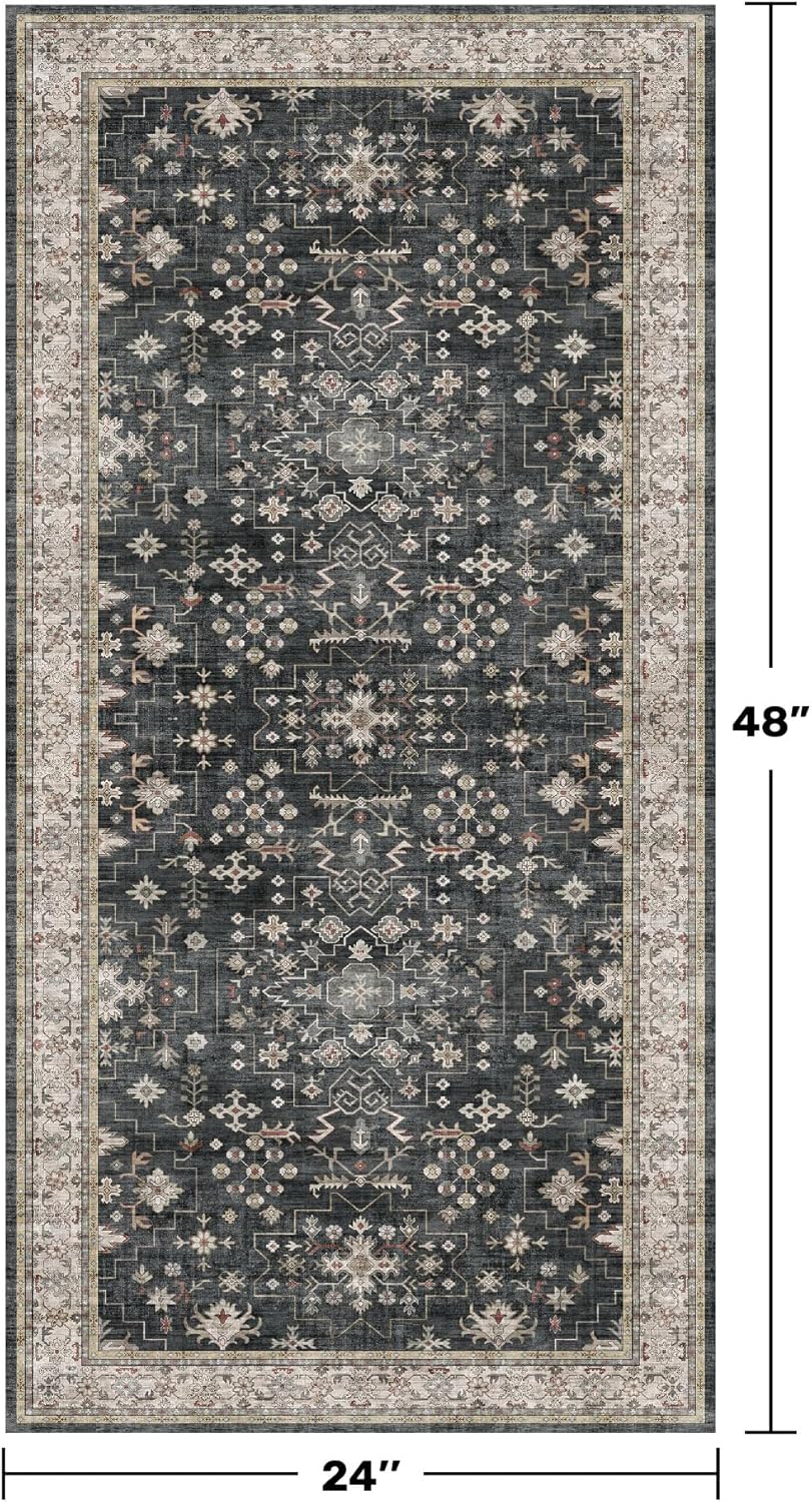 Regine Switzerland Entryway Runner Rugs - Non-Slip, Washable, Vintage Floral Design | 2x4 Feet, Ashen/Multi