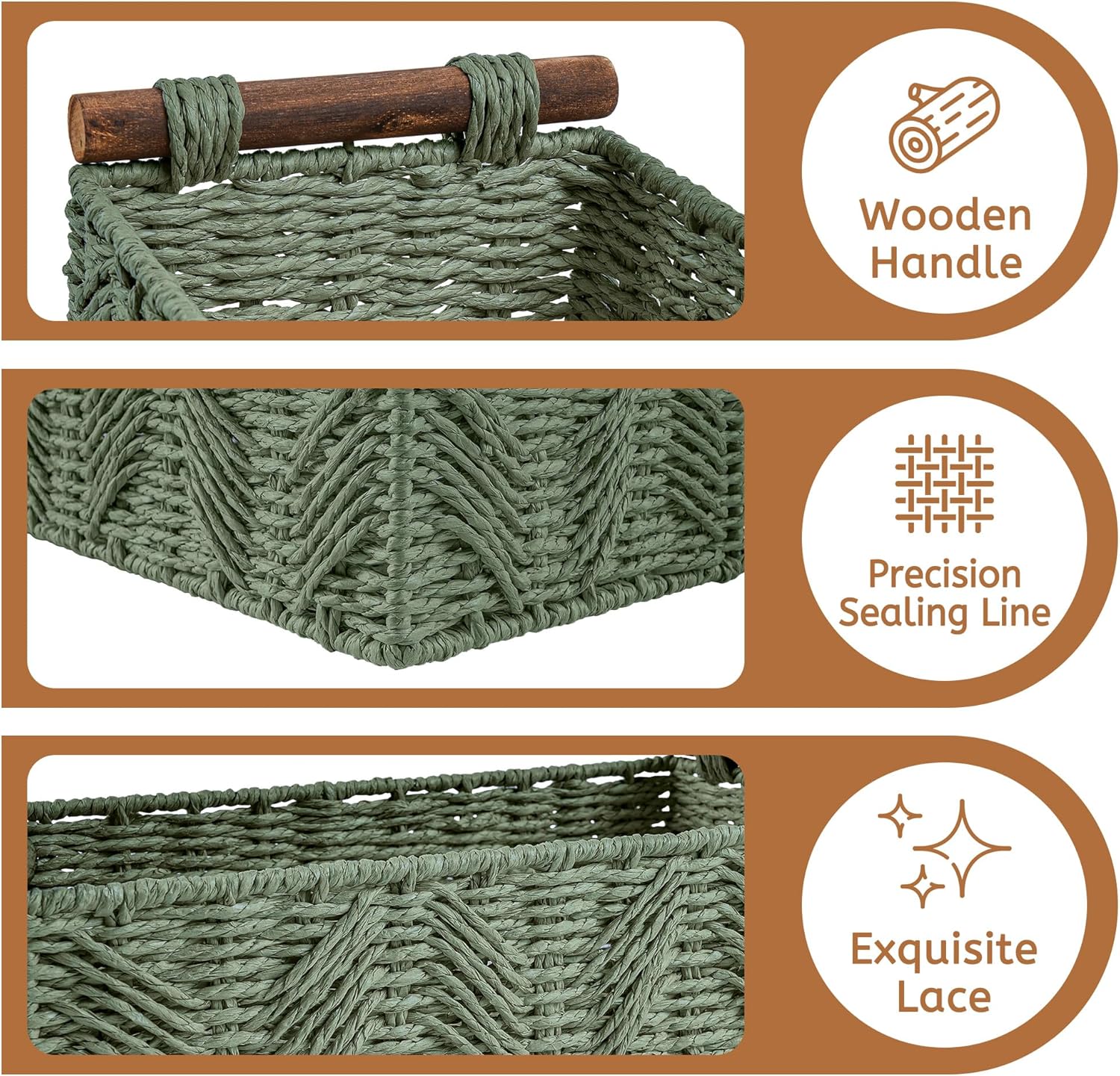 Skiennix Bathroom Baskets - Decorative Organizing Set with Handle for Countertop Storage | Green
