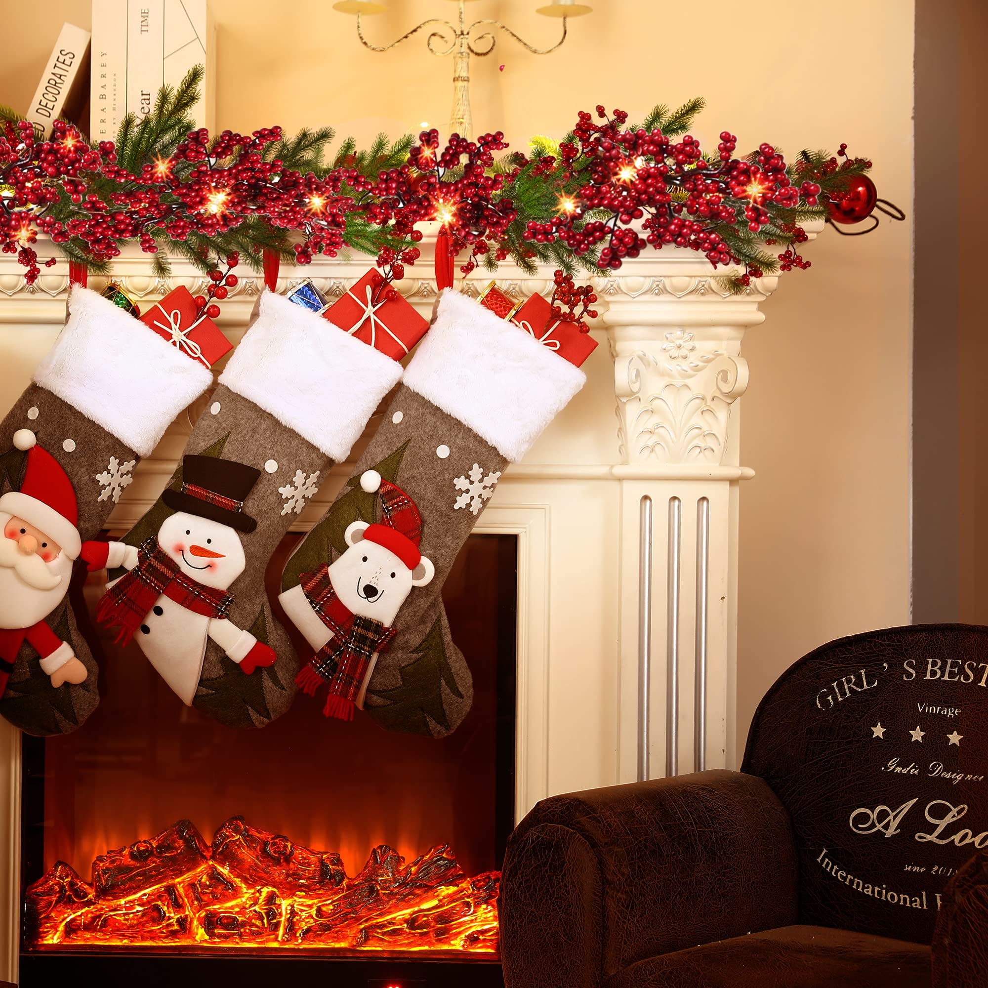 Sggvecsy Red Berry Garland Lighted Burgundy Berry Christmas Garland Artificial 6Ft for Christmas Winter Holiday Fireplace Mantel Table New Year Indoor Outdoor Decoration