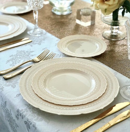 OCCASIONS 80 Ivory Wedding Plates (40 Guests), China-Look Chateau Design, Heavy Duty 40x11" Dinner + 40x8.25" Salad, Disposable Reusable for Bridal Shower Reception (Chateau Ivory)