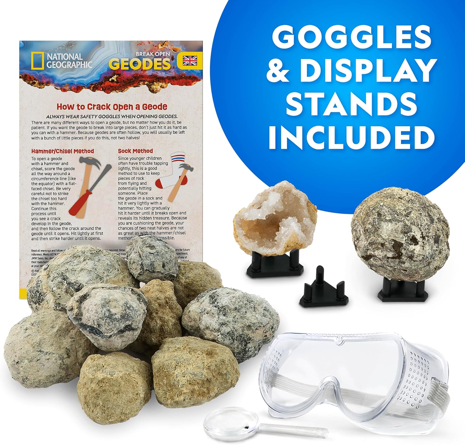 National Geographic Geode Science Kit - Break Open 15 Premium Geodes with Goggles & Display Stands | Perfect STEM Gift for Kids