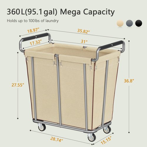 Gewudraw Large laundry hamper with Wheels, 2 Bag 360L Big Rolling Laundry Basket Sorter Cart, Extra Large Laundry Clothes Hamper, Heavy Duty Laundry Basket Organizer for Laundry Room,Bathroom