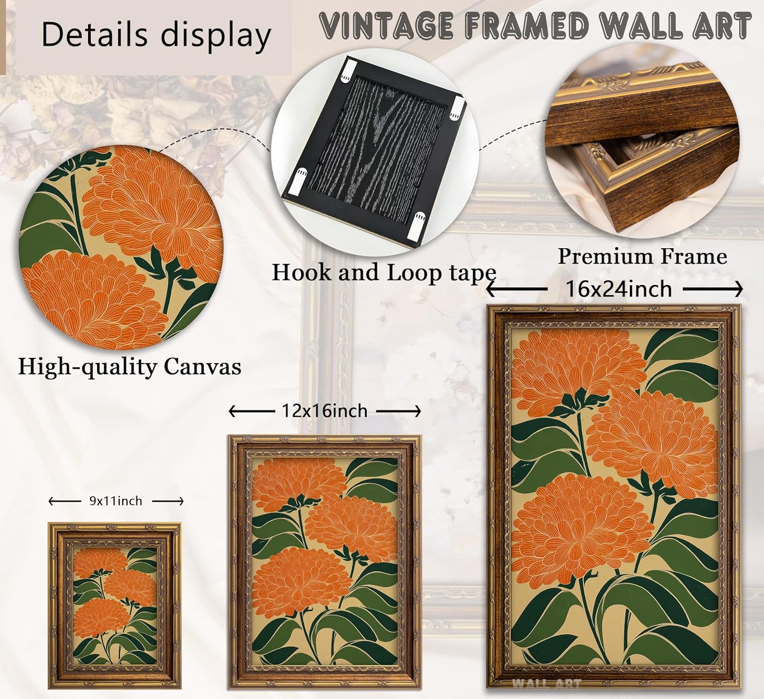 Vintage Gold Framed Canvas Wall Art - Colorful Flower Prints for Living Room & Bedroom Decor