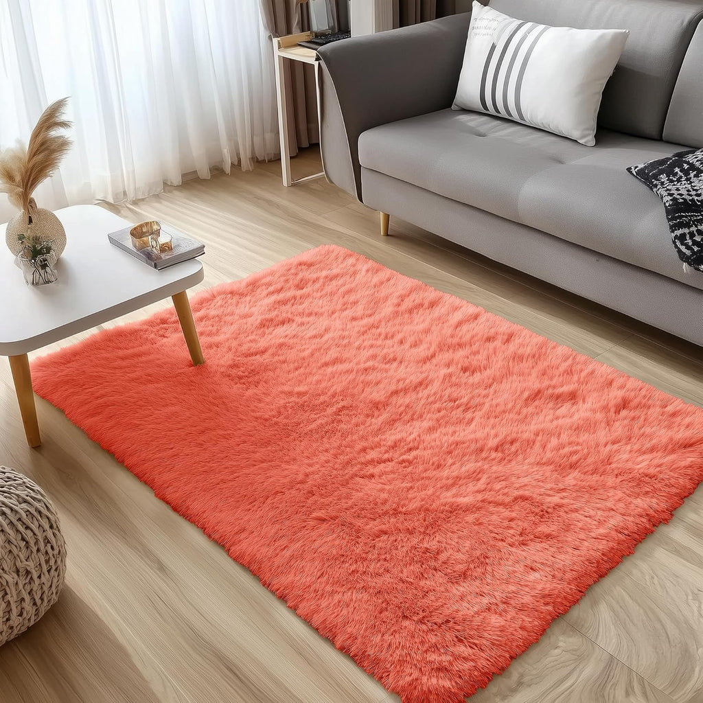 OLANLY 3x5 Soft Fluffy Shaggy Bedside Rug - Machine Washable Indoor Carpet for Kids & Nursery | Coral Red