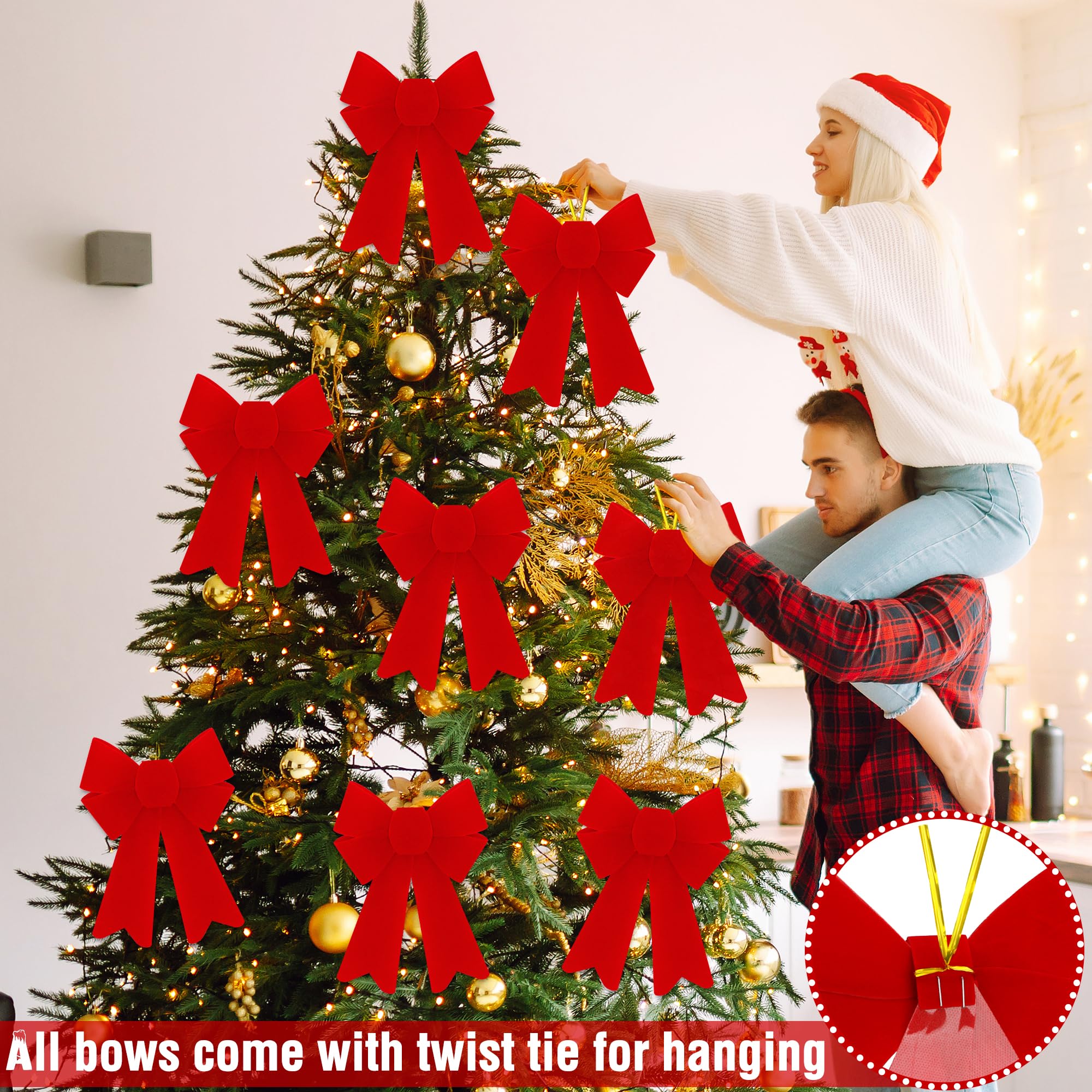 Heartome 12 PCS Christmas Bows, PVC Christmas Tree Bows 5 x 8 Inches, Red Velvet Bows for Hanging Red Xmas Outdoor Indoor Large Bows Xmas Decor Party Supplies Wreath Railing Fences