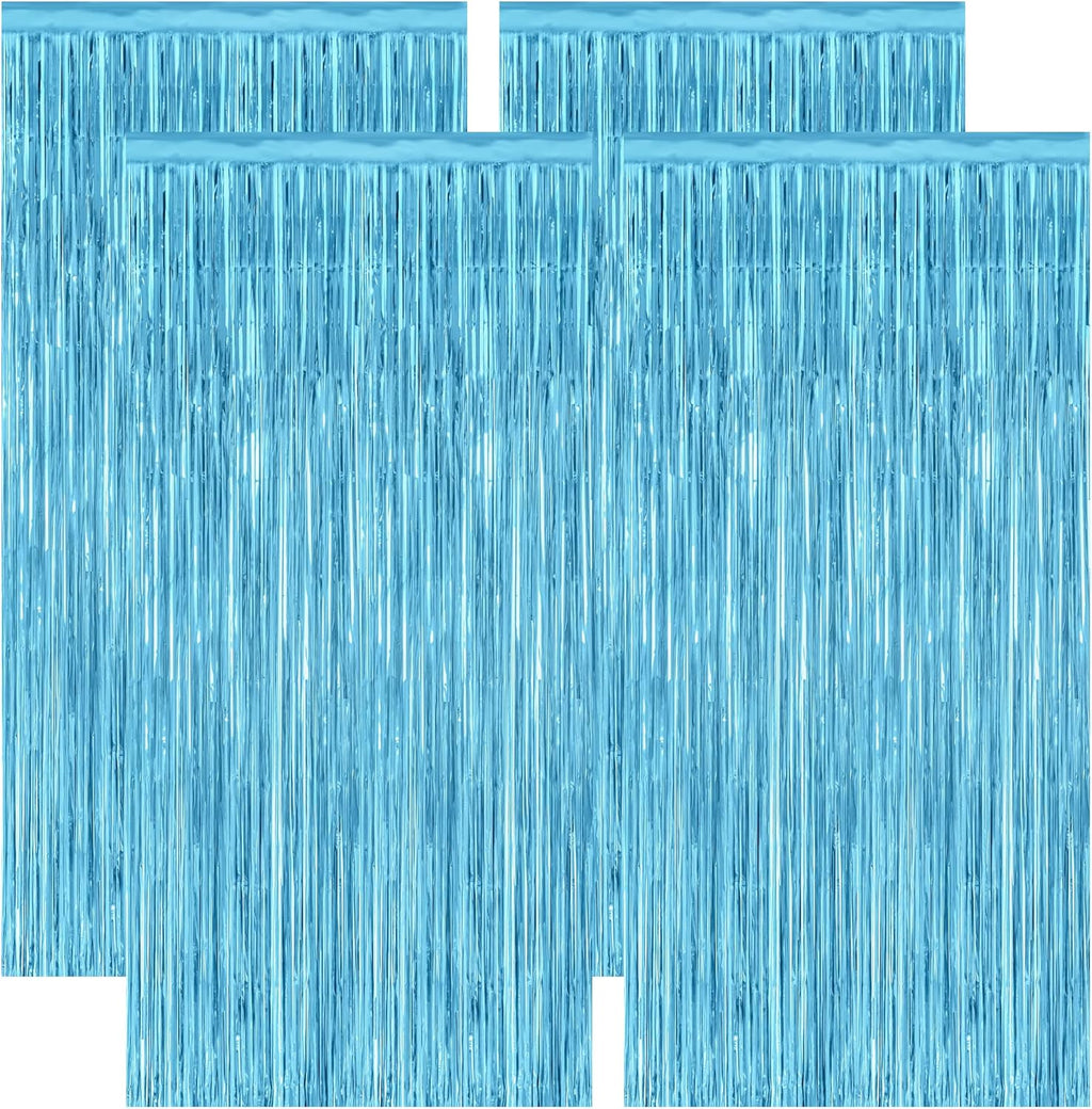 Skiennix Blue Foil Streamers - 4 Pack Metallic Sky Blue Backdrop Fringe Curtains | 3.28 FT x 7.05 FT Birthday & Winter Party Decor