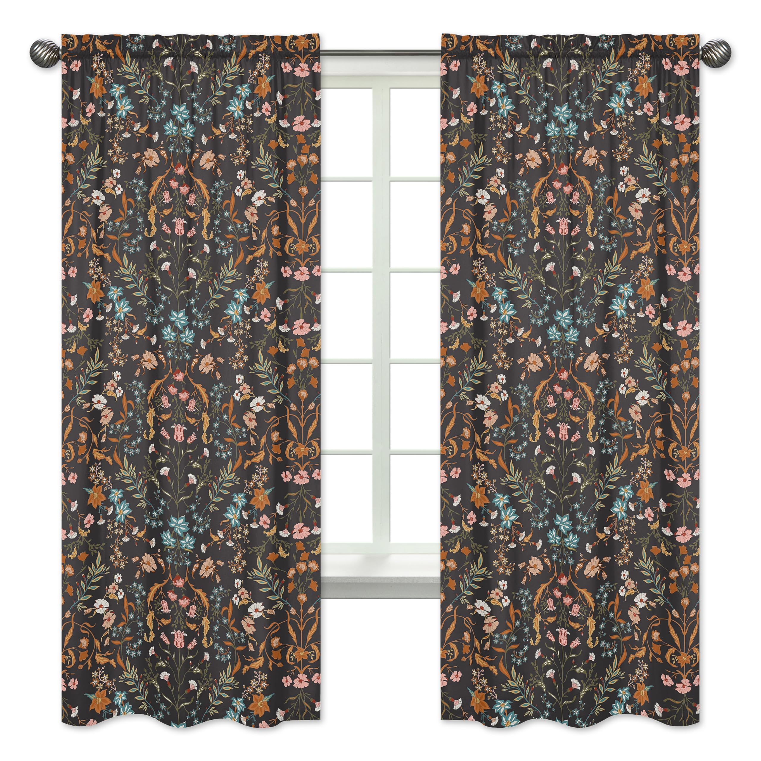 Sweet Jojo Designs Boho Wildflower Vintage Floral Girl Window Curtains Treatments Panels Baby Nursery Kids Bedroom Kitchen Room - Set of 2 - Black Orange Teal Bohemian Farmhouse Botanical Cottagecore