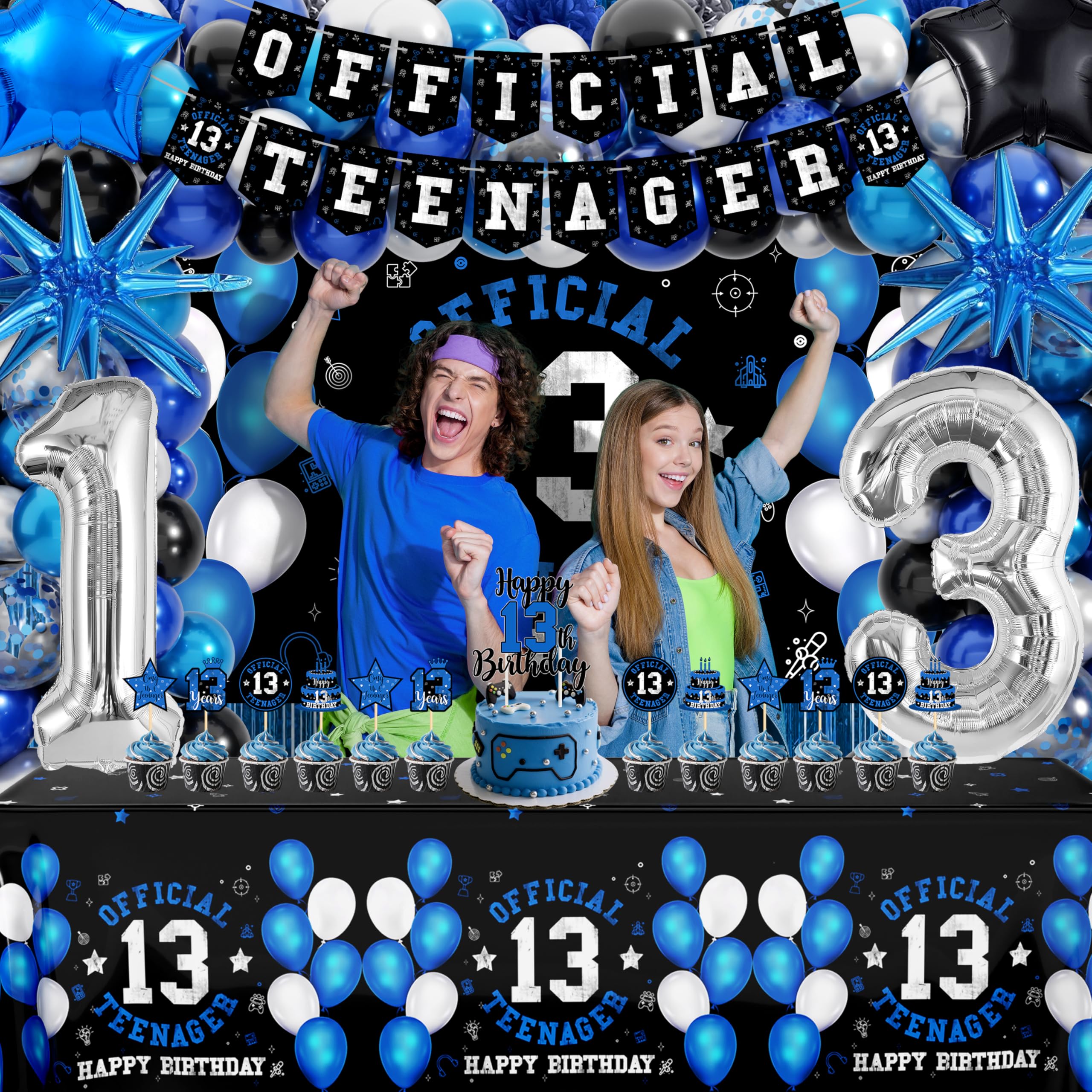 13th Birthday Decorations for Boys, Official Teenager Happy 13th Birthday Decor with Banner Backdrop Tablecloth & Number 13 Balloon Arch Kit for 13 Year Old Birthday Party Supplies(Black Blue)