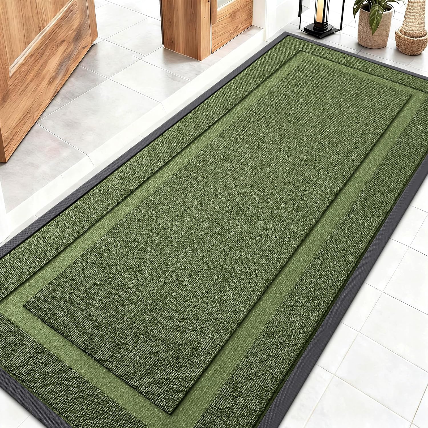 OLANLY Waterproof Front Door Mat - All-Season Natural Rubber Doormat | Easy Clean, 59x23, Classic Green