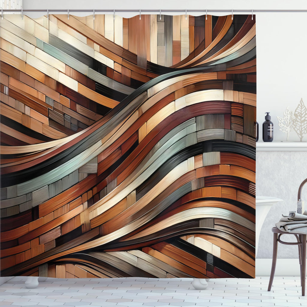 Ambesonne Brown Shower Curtain, Intricate Vertical and Horizontal Wavy Pinstriped and Brushstroke Print, Cloth Fabric Bathroom Decor Set with Hooks, 69" W x 70" L, Blue Grey Camel Maroon