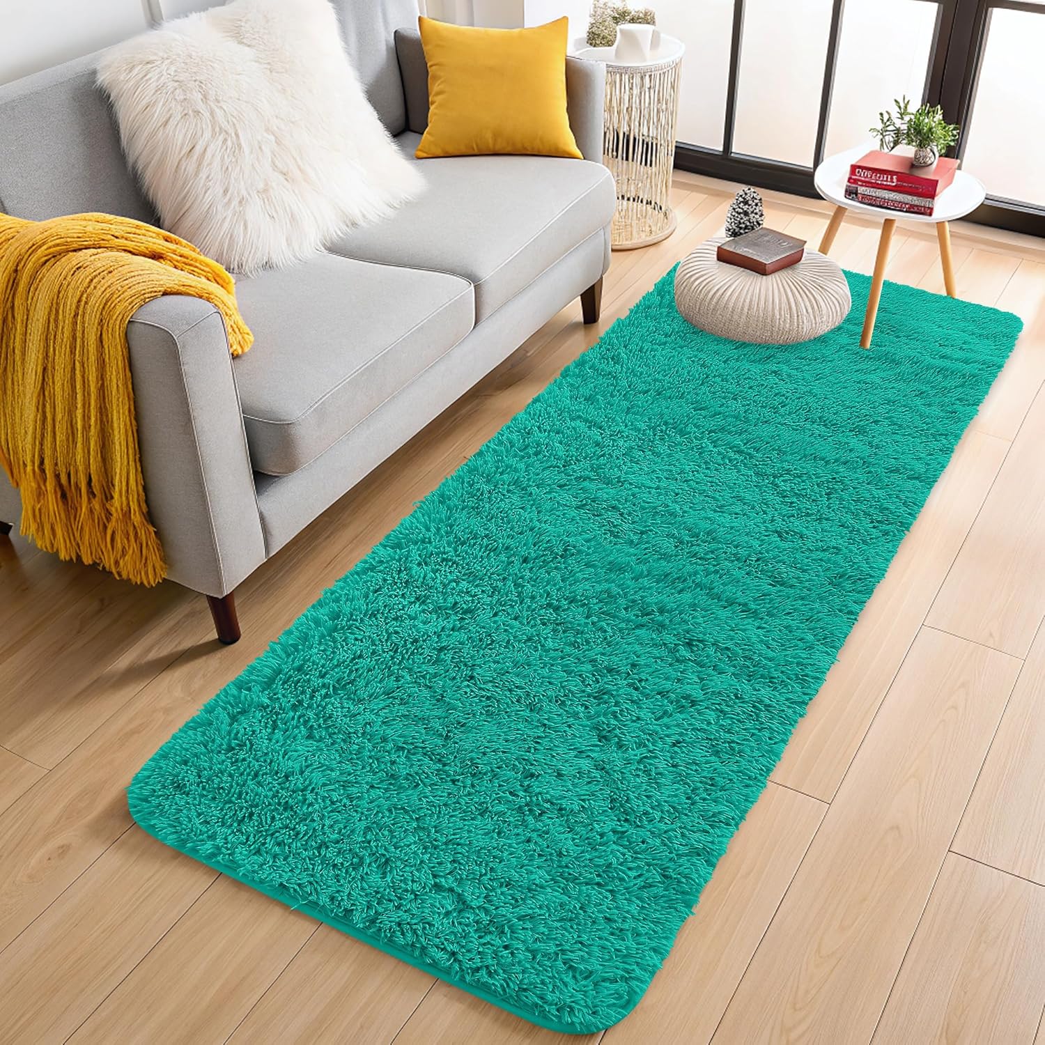 OLANLY 2x5 Machine Washable Runner Rug - Soft Fluffy Shaggy Indoor Carpet for Bedroom & Hallway | Teal Green