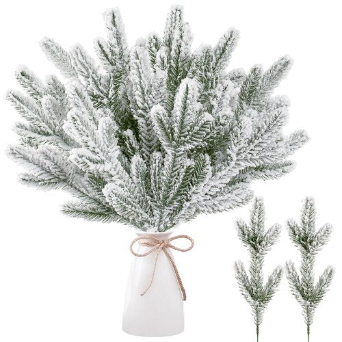 Sggvecsy 30 Pcs Snow Frosted Artificial Pine Branches Christmas Snowy Pine Needles Fake Greenery Pine Spray Picks for DIY Crafts Garland Wreath Xmas Embellishing Home Holiday Decoration