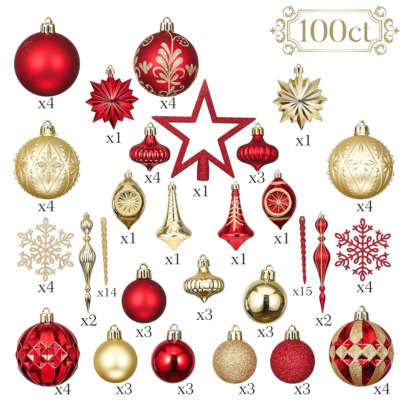 Valery Madelyn 100 ct Christmas Tree Ornaments Set - Luxury Red Gold Large